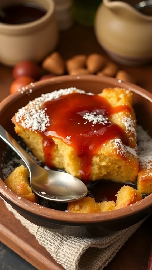 A warm bowl of New Orleans style bread pudding drizzled with whiskey sauce, garnished with powdered sugar.